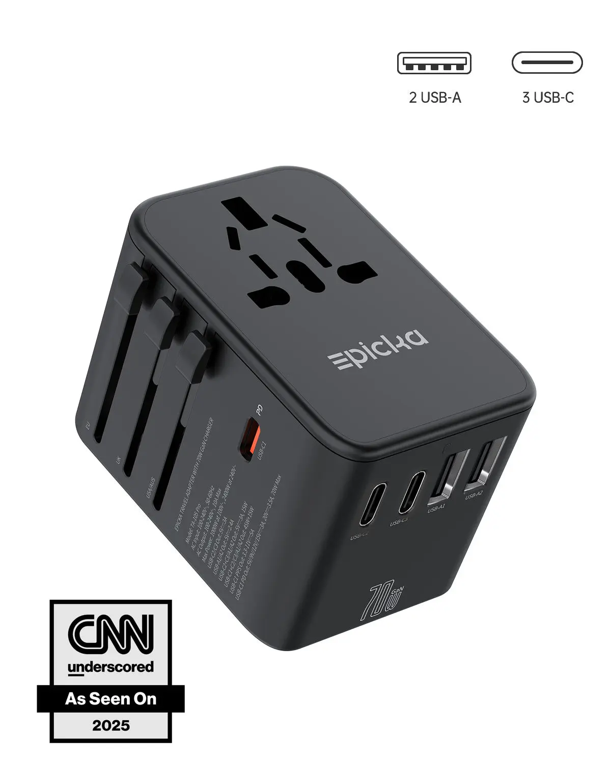 Epicka TA-105 Pro GaN 70W 6-Port 6-in-1 Fast Charging Universal Travel Charger Adapter - Dual Outlet, USB-A, Battery Anxiety Solutions for Cellphones, Tablets, Mobile Electronics (Ideal for Travelers)