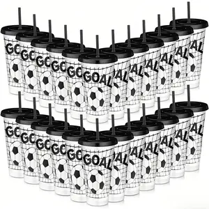 12-Pack Soccer Theme Plastic Cups with Lids & Straws, Reusable 24oz Party Drinkware, Ideal for Fans, Birthdays, Office Events