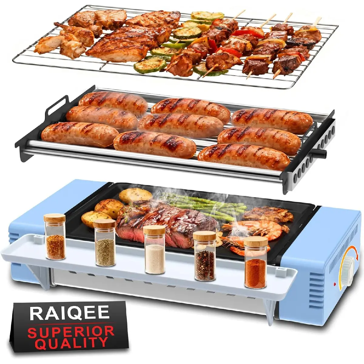 Three-in-one electric barbecue grill, equipped with a hot dog roller, portable indoor and outdoor grill, comes with a detachable non-stick grill pan and drip tray, suitable for outdoor gatherings, camping, RVs, and home kitchens