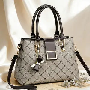 Light gray diamond patterned handbag, black leather handle, metal square buckle, bow decoration, fashionable commuter women's bag