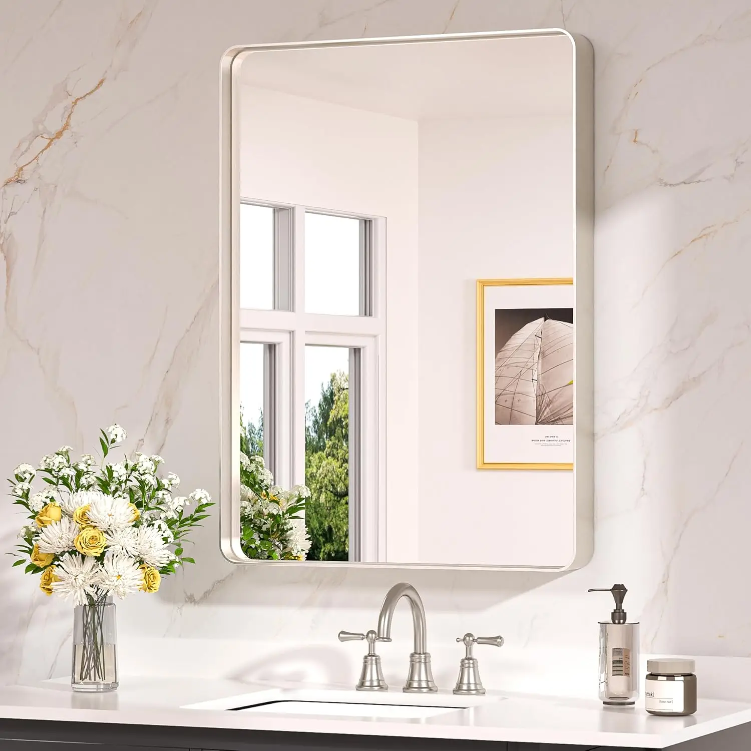 Keonjinn 24 x 32 Inch Brushed Nickel Bathroom Vanity Mirror, Aluminum Frame | HD Tempered Glass, Silver Bathroom Mirrors for Over Sink, Rust-Resistant, Rounded Rectangle, French Cleat Mount, Home Décor