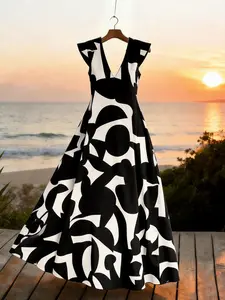 Geometric Print Sleeveless V Neck Long Dress Loose, Vacation Beach Walk Casual, Spring Summer Commute Wear, Womenswear