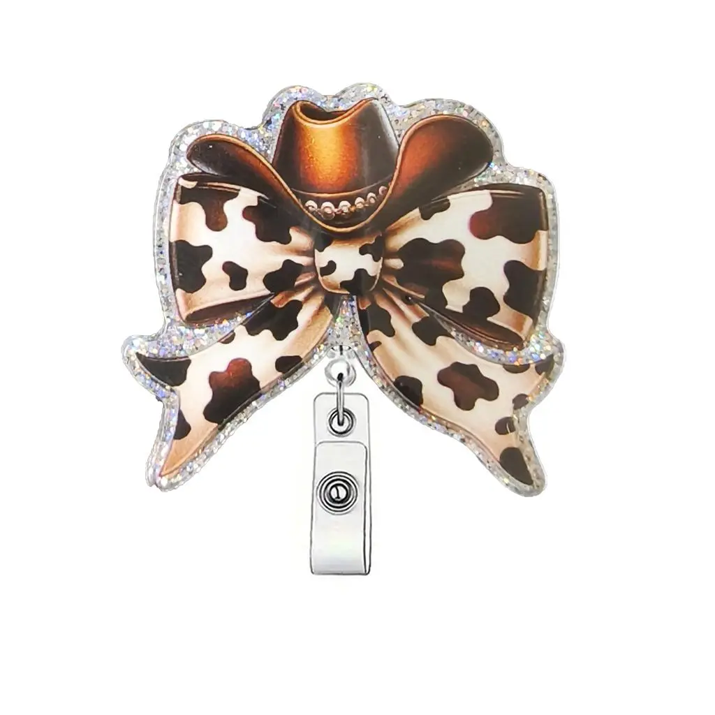 Cute Bowknot Design Premium Decorative Badge Holder, 1 Count Cow Print Retractable Badge Reel, ID Card Holder for Student Office Staff Doctor Nurse Teacher