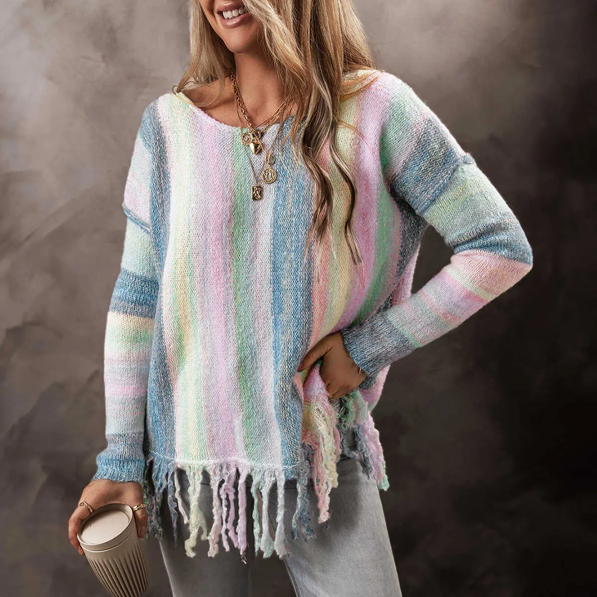 Purple Color Block Fringed Drop Shoulder Tunic Sweater