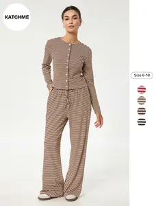Women's Casual Striped Button Long Sleeve Top & Elastic Waist Wide Leg Pants Set, Spring & Fall Fashion, Fitted Style