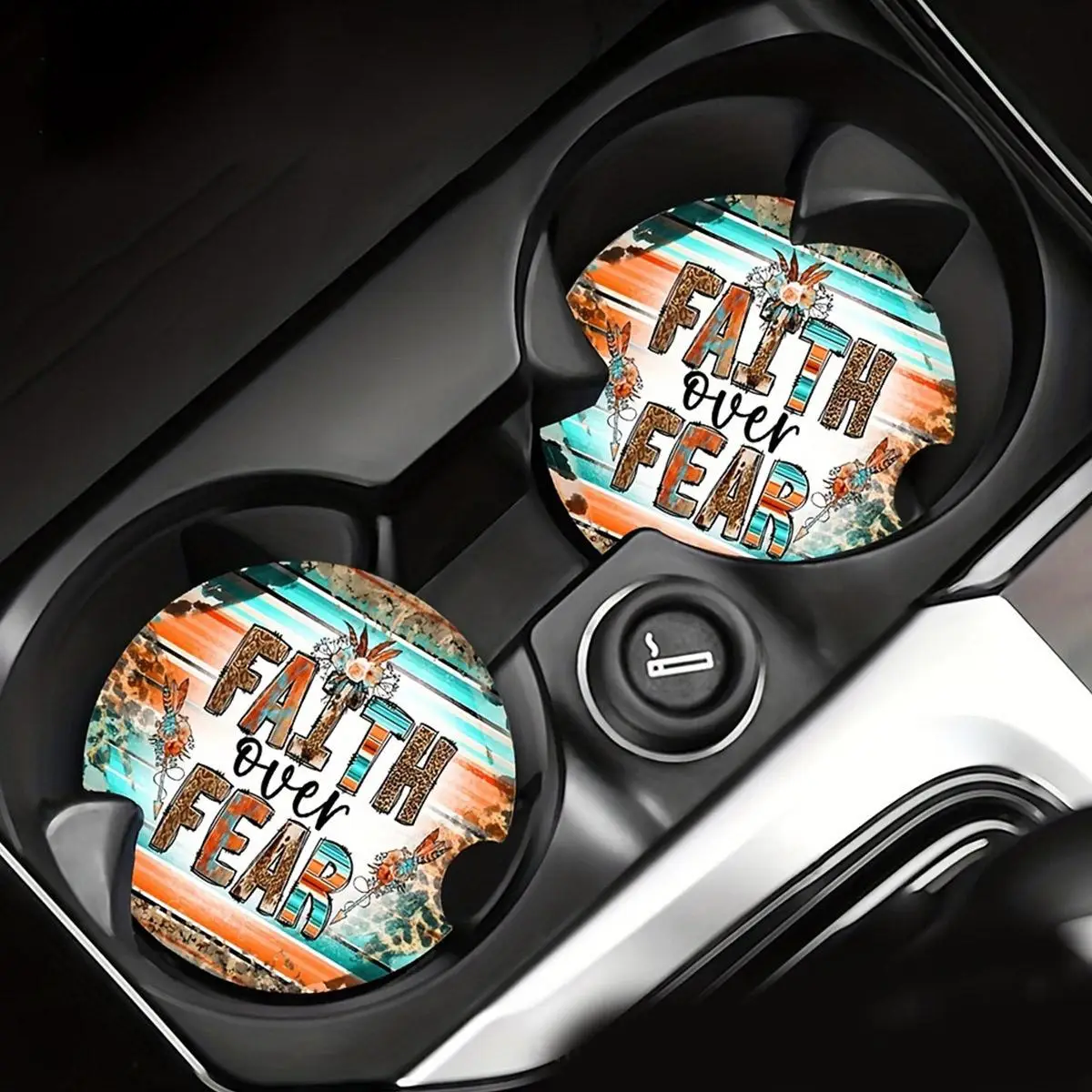 Creative Letter Print Pattern Round Car Coaster, 2 Counts Letter Pattern Non-slip Car Cup Holder Decorative Mat, Car Interior Decoration Accessories f