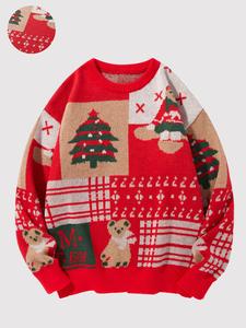 men's christmas tree & bear print drop shoulder sweater pullover, casual regular fit long sleeve round neck jumper for fall & winter, fashion men's knitwear for daily wear festive holiday