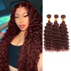 ALHER #33B Reddish Brown 3 Bundles with 4x4 Closure Curly Weaves Thick Track Auburn Deep Wave Bundles with 13x4 HD Lace Frontal Pre Plucked Ear to Ear Frontal Pre Plucked with Baby Hair Thick Track Double Weft Hair Extensions 1 Bundle 3 Bundles