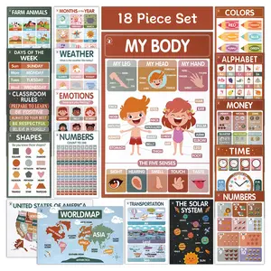 18 Boho Educational Posters-Laminated Learning Poster Charts for Classroom Decor, Preschoolers Learning Posters for Kids Ages 1-6, Include World Map, Abc Alphabet, Shapes, Numbers, Days of The Week Homeschool PreK Classroom Must Haves