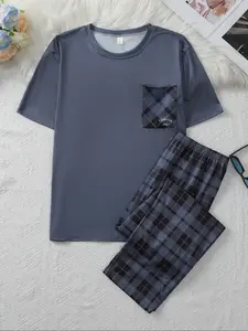 Men's Summer Casual Pajama Set Loungewear, Round Neck Short Sleeve Top, Slight Stretch Knit Plaid Pants, Comfortable Polyester Elastane Blend