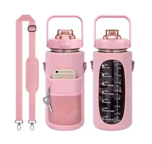 1L Portable Motivational Water Bottle w/ Pink Sleeve w/ Pockets f/ Cell Phone Drinkware Lid Plastic Straw Classic Stylish Tumbler Mug Cup Bottled