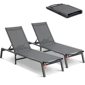 【fathersdaygift】VEVOR Chaise Lounge Chairs Outdoor, Aluminum Patio Lounge Chairs with Adjustable 5-Position, Folding Pool Lounge Chairs Recliner and Full Flat Tanning Chairs for Patio, Beach, Pool, Dark Grey, 2 pcs