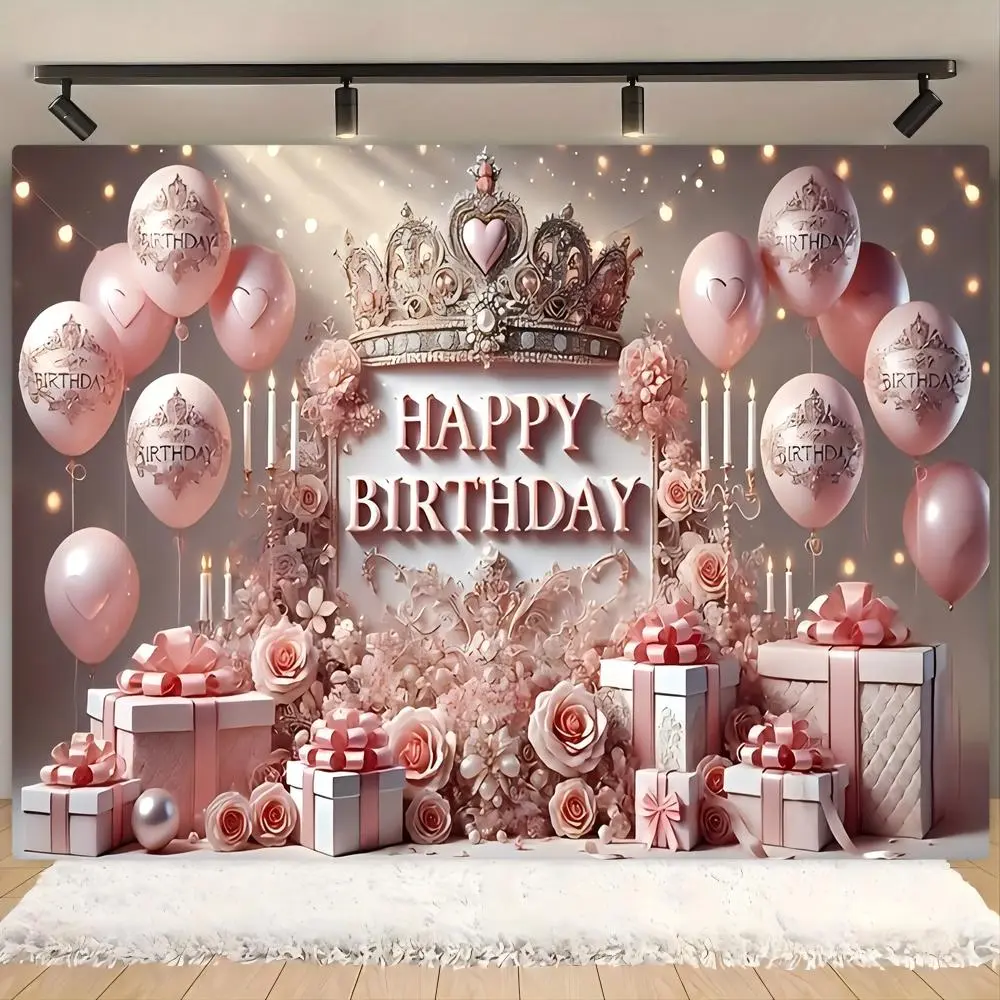 Happy Birthday Crown Balloon Flower Pattern Backdrop, 1 Count Elegant Birthday Party Decoration Backdrop, Party Decoration Supplies for Home Garden, Banners