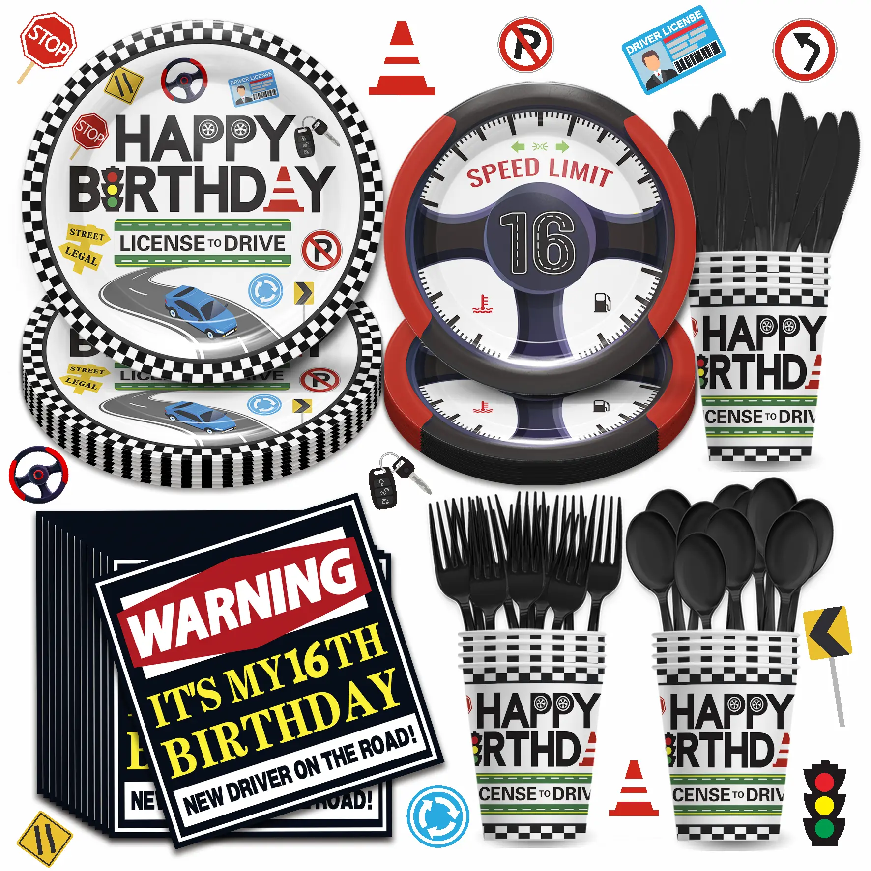 168Pcs Disposable Tableware Set - Happy Birthday Supplies for Boys' 16th New Driver Car Party, Serves 24, Includes Plates, Napkins, Learner Driver License Theme Decorations