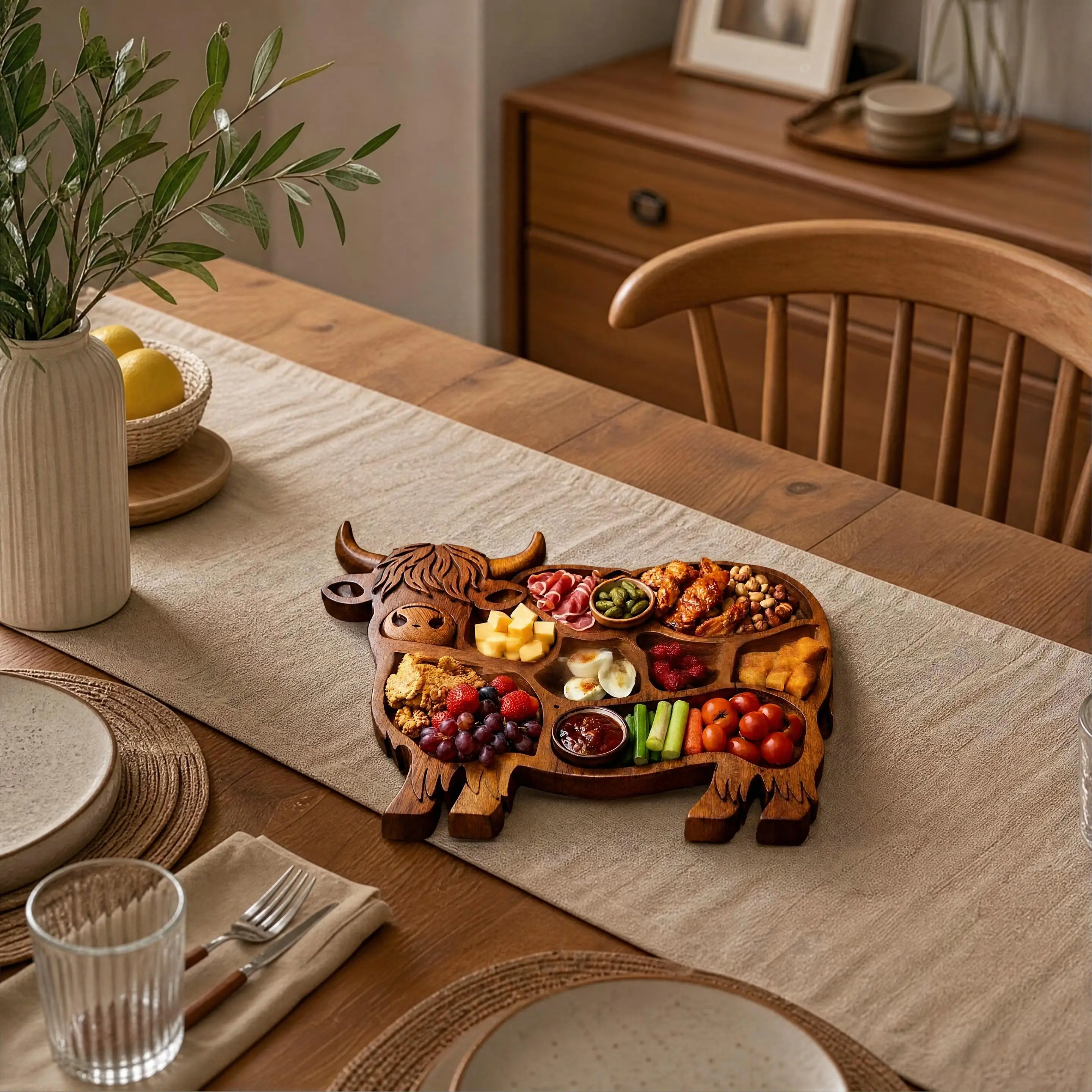 Highland cattle-shaped wooden snack tray, dinner plate with compartments, decorative plate for home decoration, display piece