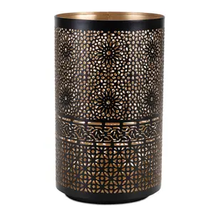 HomeRoots 634904 Black & Gold Distressed Abstract Iron Metal Hurricane Candle Holder Set - 2 Decorative Pillar Holders