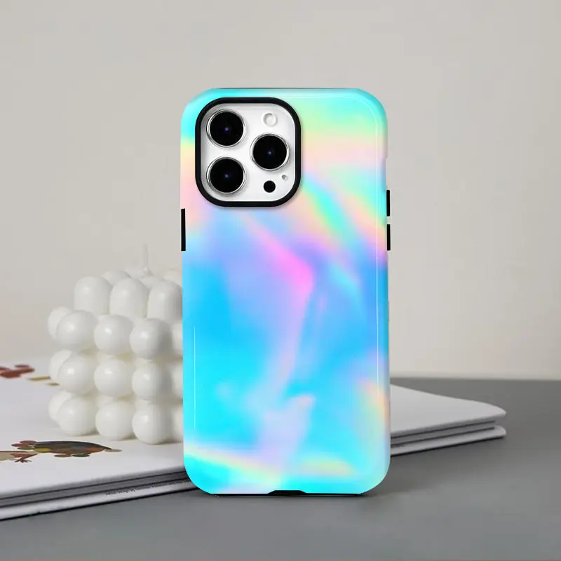 Blue holographic laser gradient design, durable, shock-absorbing and glossy 2-in-1 phone case, suitable for iPhone 17, 16, 15, 14, 13, 12, 11 X, Samsung and other series models, can be given as a holiday gift to friends or home