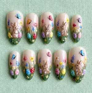 3D Easter Rabbit Nails, Floral Meadow Press On Nails, Handmade Pastel Set