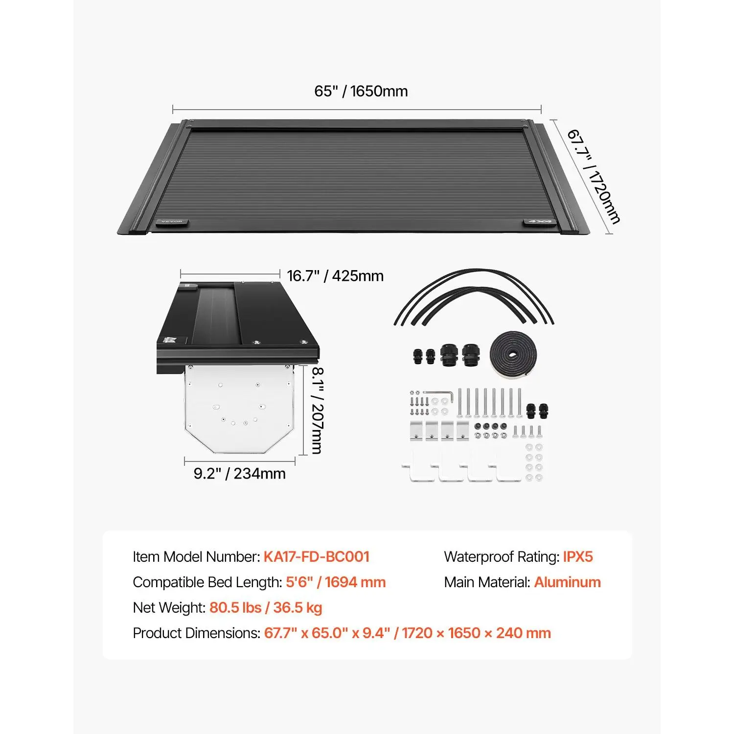 VEVOR Retractable Tonneau Cover, 5.5 ft Hard Retractable Tonneau Cover with Built-in Drainage Pipe for 2009-2024 Ford F-150 Crew Cab, Customized Hard Tonneau Cover with Double-Lock T-Slot