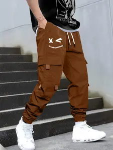 Men's Casual Fitted Pants with Cargo Pocket, Cartoon Letter Print, Drawstring Waist, All Seasons Wear, Fashionable Workwear Long Trousers