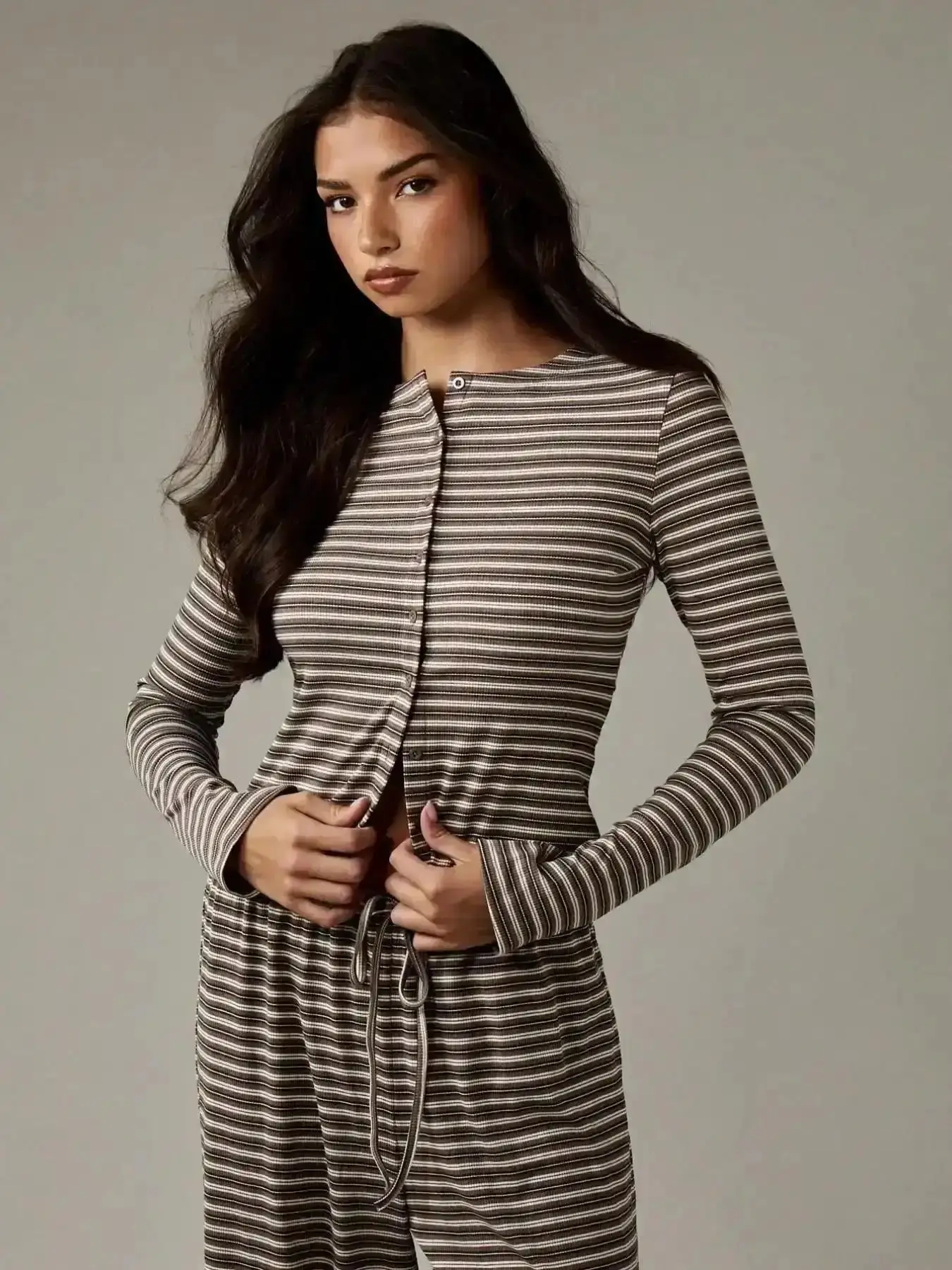 Exquisite Women's Striped Long-Sleeve Knit Cardigan and Wide-Leg Pants 2-Piece Set, Casual Spring Autumn Outfit, Perfect for a Fashionable Leisure Look Outfits Women Womenswear Clothes, Trendy, Everyday, Contemporary
