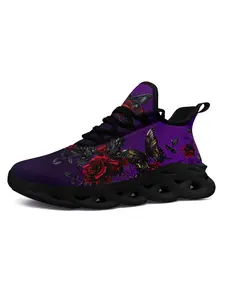 Men's Purple Rose Butterfly Print Casual Sneakers, Plus Size Lace Up Sports Trainers, Lightweight Breathable Fashionable Running Shoes for Casual Outings, Fashion Street Style Party Gift