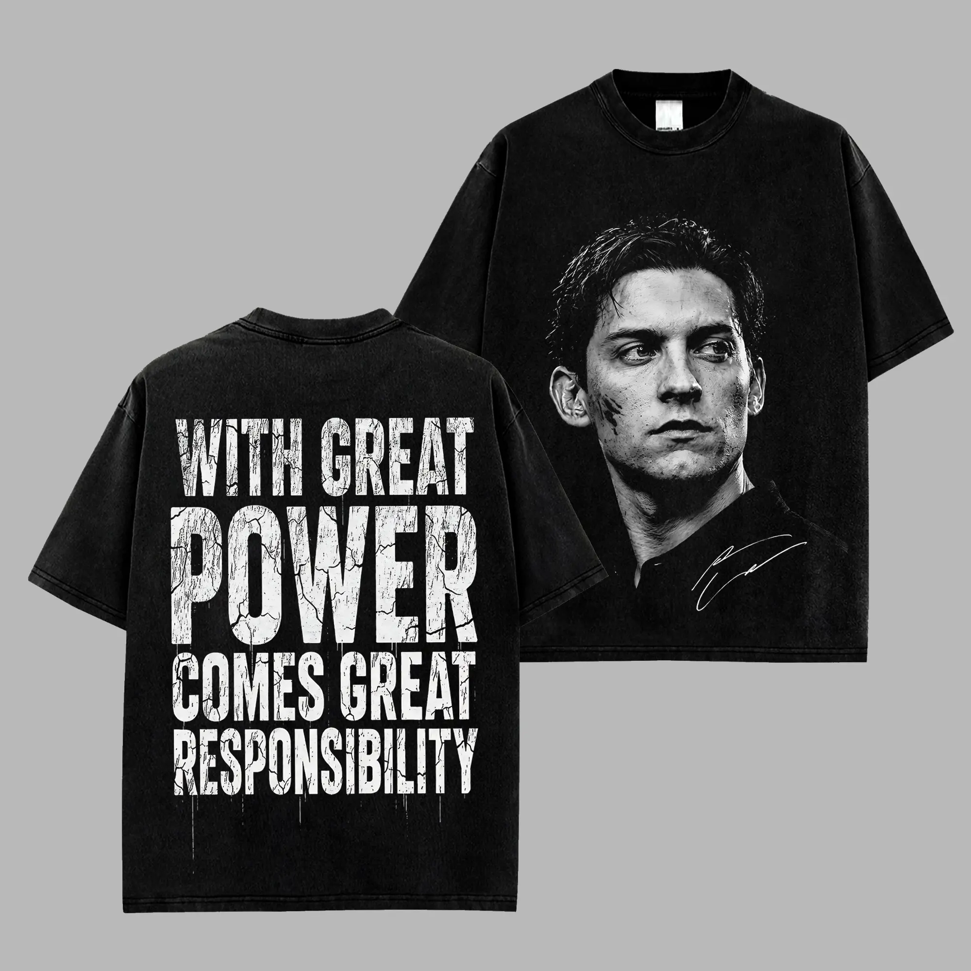 [ Hero Tee ]  Tobey Spidey With Great Power Retro Unisex 100% Heavyweight Cotton T-Shirt – Movie Actor Fan Cotton Tee, The Spidey Shirt, Y2K Comic Style Streetwear Top, Black Cotton Unisex Tee, Retro Superhero Inspired Shirt, Gift for Movie Fans