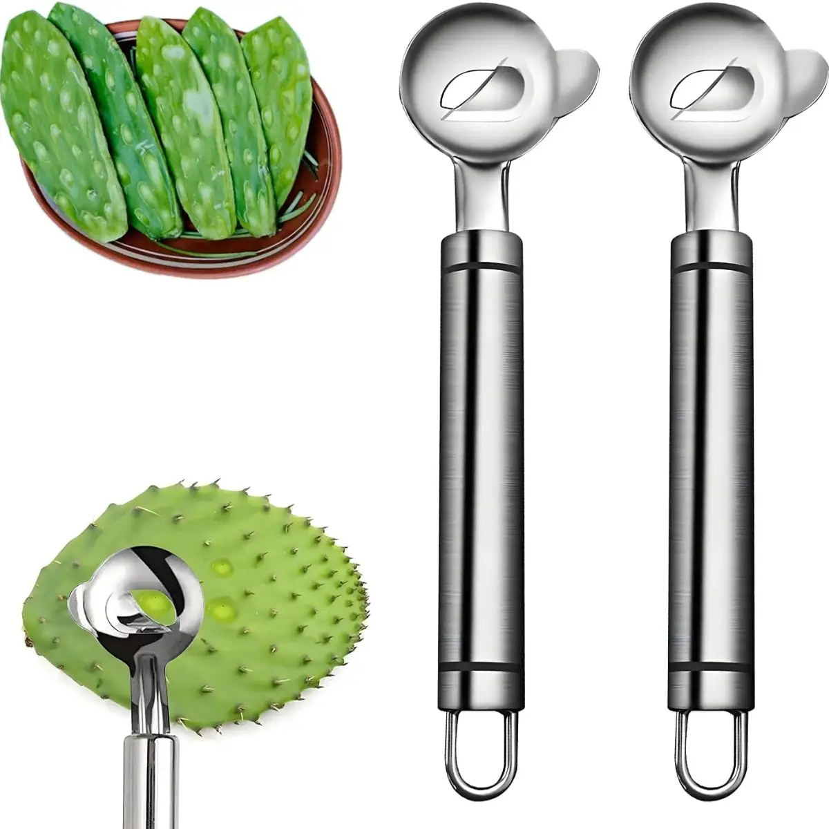 2PCS Stainless Steel Peeler(Nopales Peeling),Multi-Purpose Kitchen Tools,Cactus Peeler,Noodle Cutter & Scoop, Durable&Easy-Grip Handles Cooking Cuttin