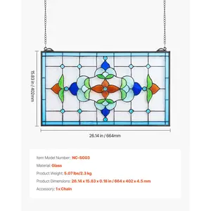 VEVOR Stained Glass Window Panel, 26x 16 in, Tiffany Style Hanging Transom Window Panel with Chain, Large Horizontal Rectangle Stain Glass, Vintage Traditional Art Handcrafts for Kitchen Home Decor