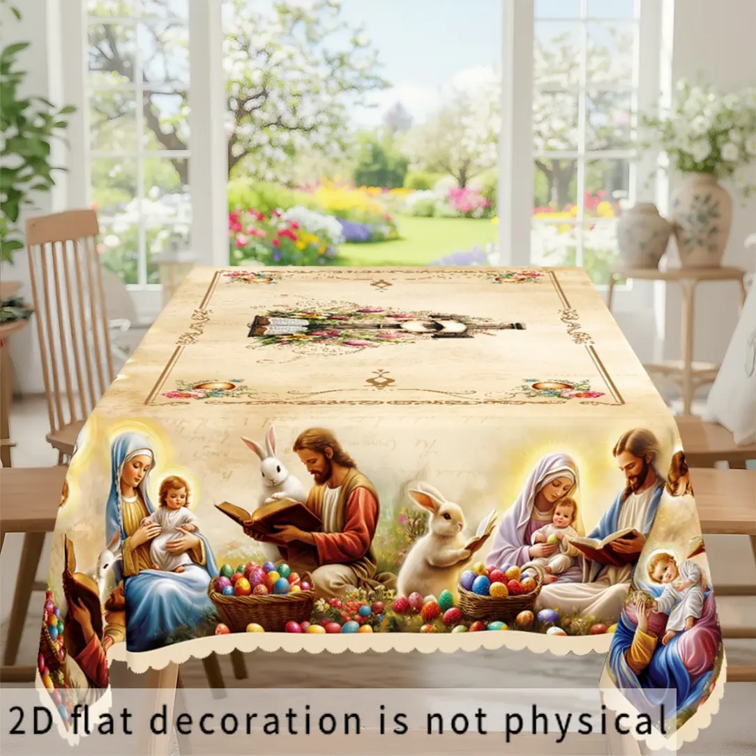 [2D Flat] 1pc, Easter-themed Party Tablecloth, Party Decor Supplies, Vintage Rabbit and Nativity Scene with Easter Egg Floral Print Design, Suitable for Indoor and Outdoor Dining, Picnics, Dinners, and Restaurant Decoration