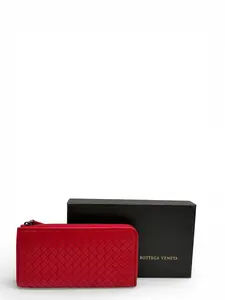Pre-owned Bottega LEATHER Small Leather Goods VENETA RED INTECCIATO WOVEN NAPPA ZIP ARROUND WALLET