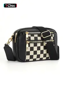 Women's Fashionable Checkerboard Pattern Crossbody Bag, Adjustable Sling Bag, Casual Versatile Pu Zipper for Daily Used, Trendy All-match Commuter Bag