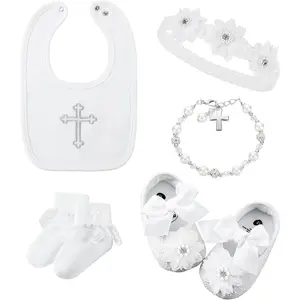 L-JLY004 5 Pcs Baptism Bib for Baby Girl white Christening Sock Shoes Headband Cross Charm Bracelet Baptism Outfits Gift