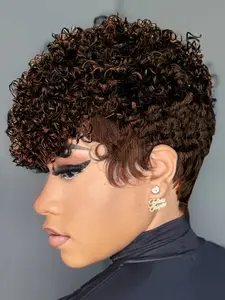 Human Hair Wig Short Curly Pixie Cut with Bangs, Kinky Curly Wigs, Dark & Burgundy, Short Layered Bob, Cuticle-Nutrient Haircut, Machine-Made Full Wig