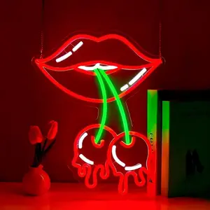 Cherry Lips Neon Sign, Neon Signs for Wall Decor Neon Red LED Signs Room Neon Light Up Signs Home Decor for Bedroom Club Party Bar Shop USB Operated, Home Decoration Lamp,5V USB adjustable switch / No power supply included / Gift box packaging
