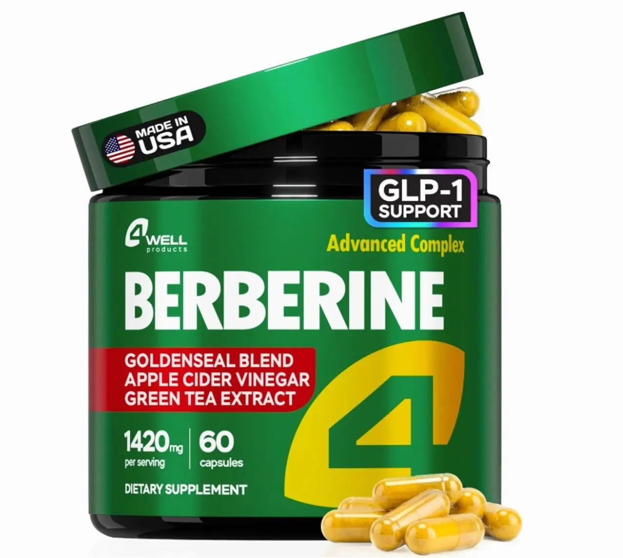 Berberine HCL Supplement - Triple Strength GLP-1 Activator with Apple Cider Vinegar & Green Tea Extract - Body Composition Support, Digestive Health, Support Heart Health, Immune System (60 Capsules)