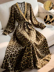 A women's leopard print gold satin Elegant Chic Long Sleeve dress, suitable for commuting to work, shopping, outdoor activities, indoor and outdoor wear, Casual Wear