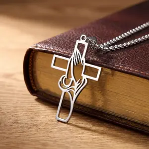 Sunselle Hollow Prayer Gesture Cross Pendant, Christian Bible Corss necklace. Stainless Steel Pendant Chain for Men / Women, Prayer Jesus Jewelry Gift. Praying Hands / Mains Priantes / Correntr Men. Car interior Decor Charm, Elegant Cross Pendant