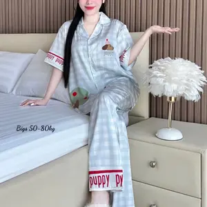Comfortable Women's Pajama Set for Women 40-60kg Soft Satin Sleepwear with Puppy Design