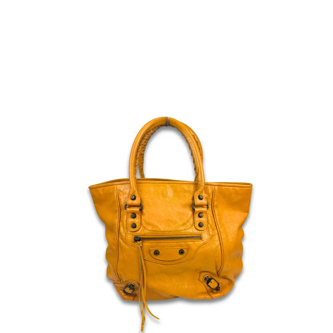 Pre-owned Balenciaga Distressed coated leather Shoulder Bags Orange Motorcross Sunday Tote