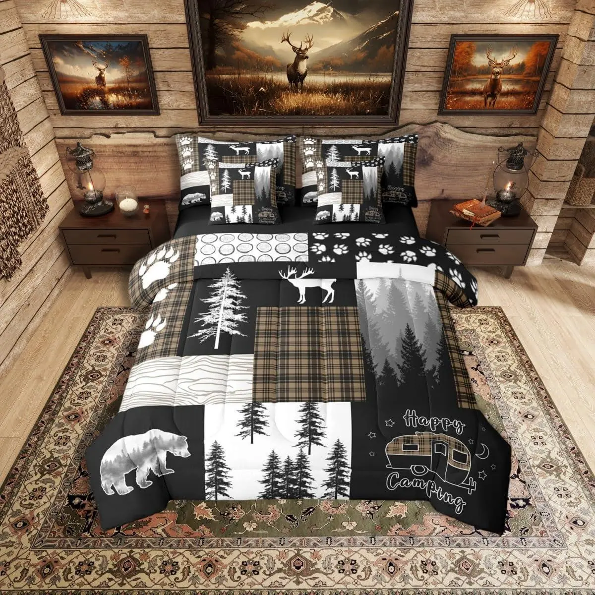 7Pc Rustic Cabin Bear Bedding Set,Hunting Deer Lodge Farmhouse Comforter Set with Sheets,Khaki Black Checkered Patchwork Bed in a Bag RV Camper Camping Quilt Travel Trailer