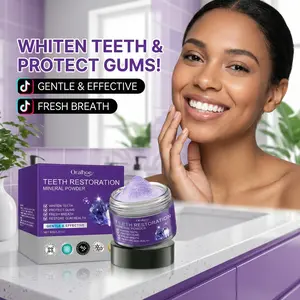 Oralhoe Purple Teeth Whitening Mineral Powder 50g Gentle Enamel Care Fresh Mint Breath Color Corrector Smile Enhancer - Brush