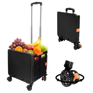 SELORSS BY06 Foldable Utility Cart, Folding Portable Rolling Crate Handcart with Durable Heavy Duty Plastic Telescoping Handle Collapsible 4 Rotate Wheels for Travel Shopping Moving Luggage Office Use ( Black））