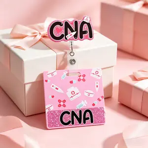Pink Glitter CNA Badge Reel & Badge Buddy Set | Retractable ID Badge Holder with Swivel Clip | Cute Nursing Gifts for Certified Nursing Assistants & Healthcare Workers