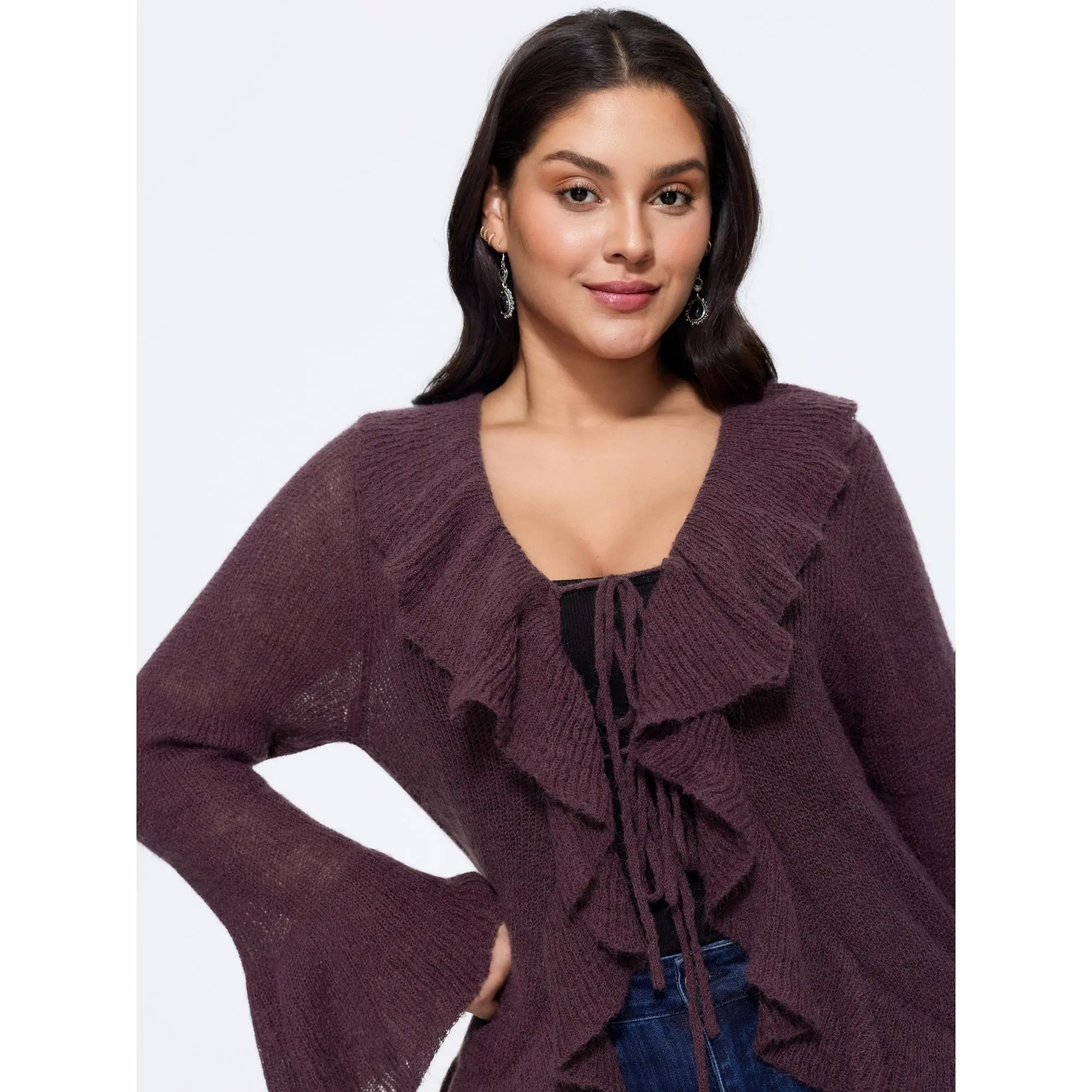 BloomChic Plus Size Ruffled Collar Tie‑Front Flare Sleeve Cardigan[M-6X] Back To School,Spotlight Day