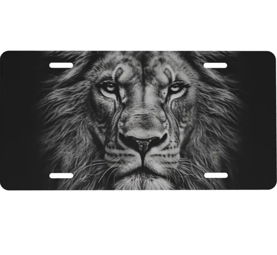 Black and White Lion Head Aluminum License Plate 6x12 Inch, Decorative Front Car Vanity Plate, Metal Novelty Auto Tag for Cars, Trucks & SUVs