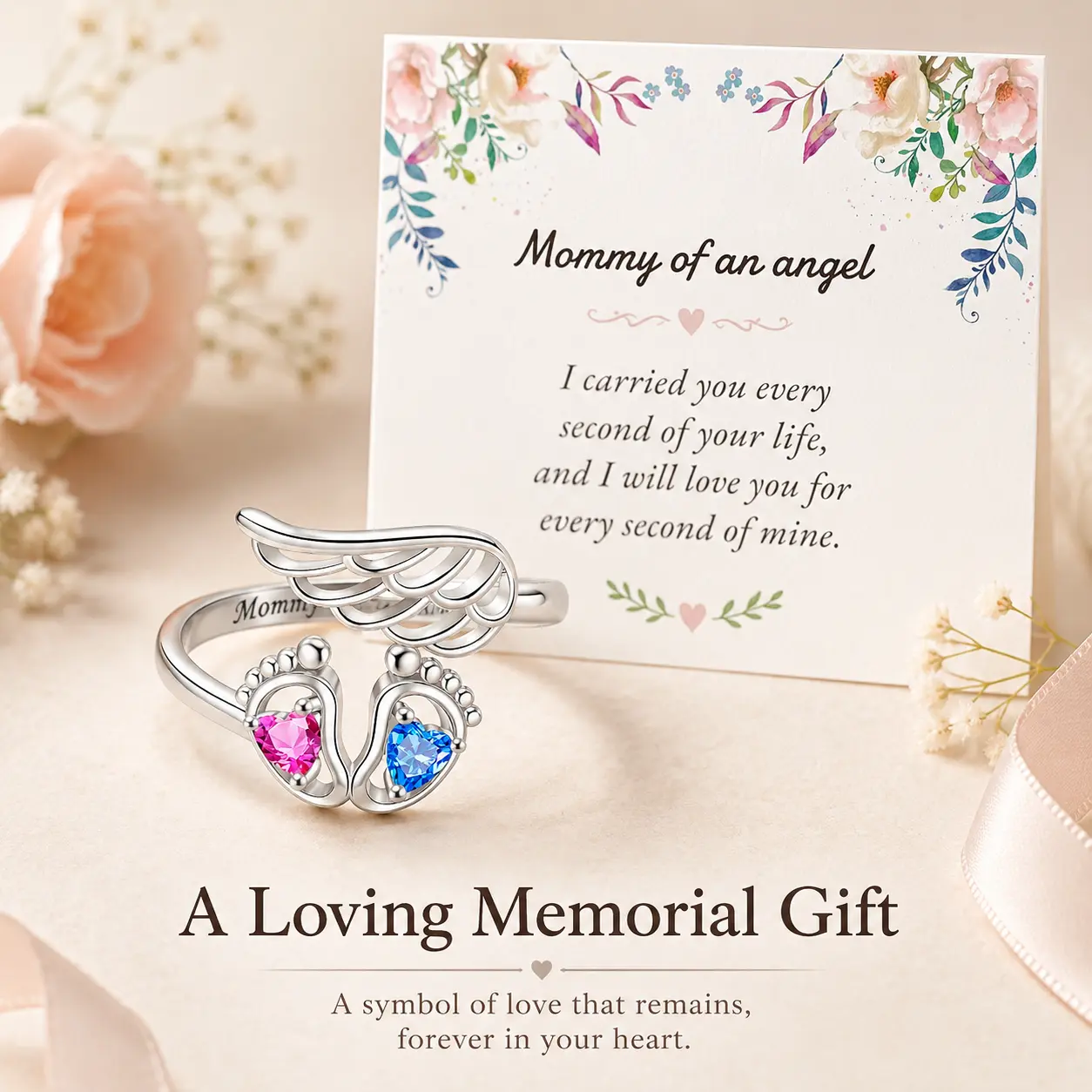 S925 Sterling Silver Angel Wing Toe Ring for Women, Adjustable Open Ring with Colorful Heart Crystal Footprint Design, Personalized Mommy Angel Engraved Jewelry Gift for Mom, Mother’s Day, Birthday and Special Occasions