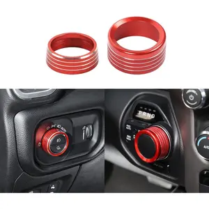 for Dodge RAM Aluminum Headlight Headlamp & Gear Shift Shifter Shift Lever Selector Knob Switch Adjustment Knob Cover for 2018-2025 Dodge RAM Interior Accessorie Red 2pc