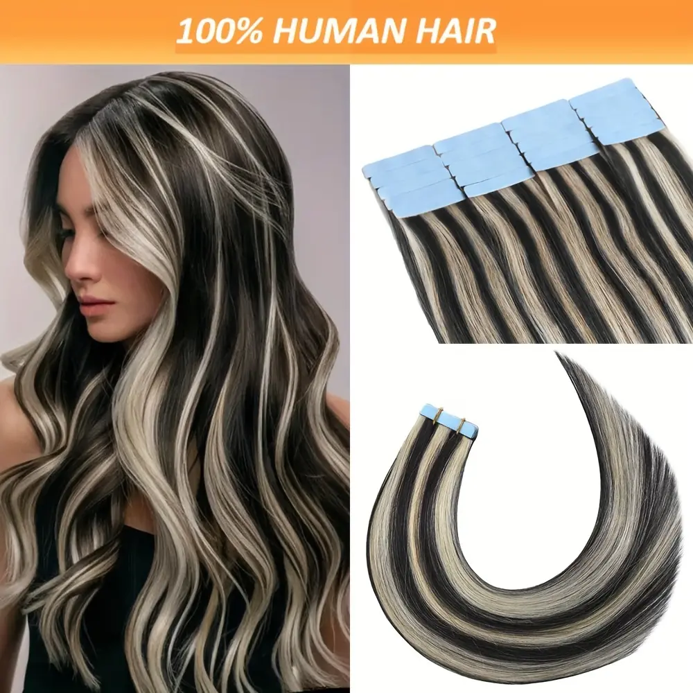 Pre-Bonded Tape-In Human Hair Extensions for Women, Natural Straight #1B/613 Color, 18-26 Inch Long, Invisible & Tangle-Free, 20/40/60pcs Pack (30g-90g), Pre Bonded Extensions, Silky Straight