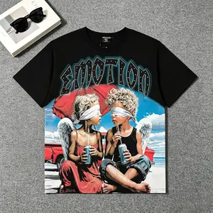EMOTION Masked Angel Graphic T Shirt Diamond Print Oversized Cotton Tee Y2K Streetwear Summer Loose Fit Unisex Top TikTok Viral Trend Hip Hop Urban Casual Outfit High Street Fashion Tee